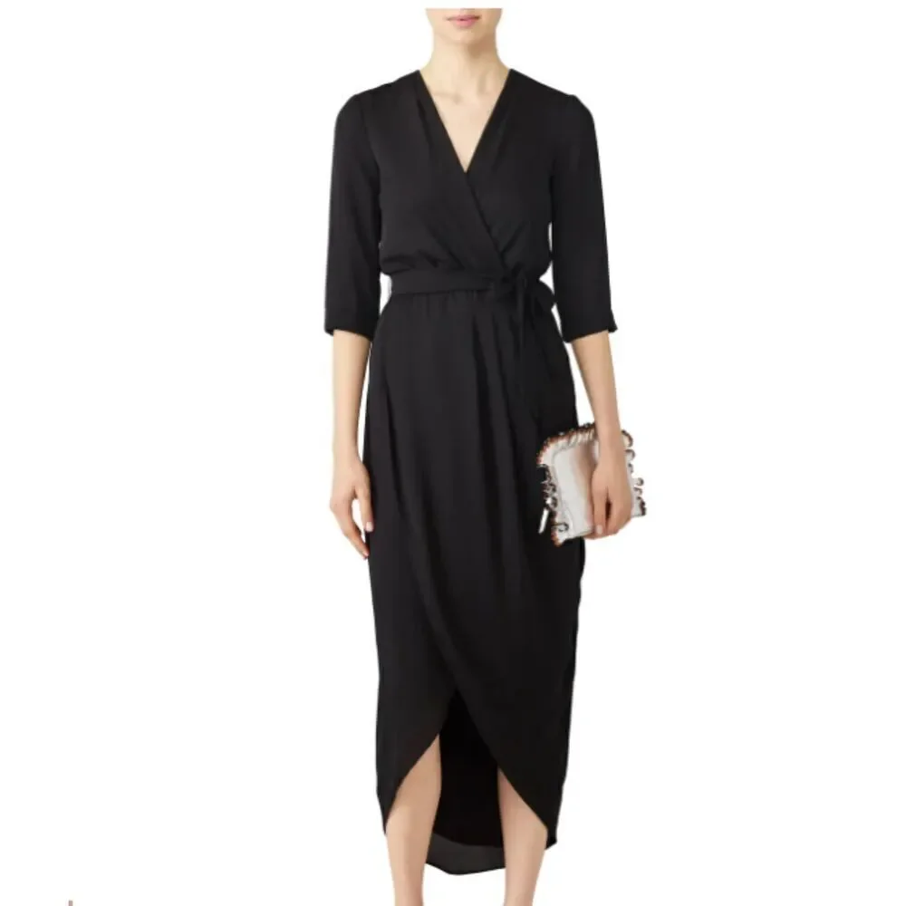 Amanda Uprichard Black Timeless Wrap Dress NO Belt Pleated Elastic Waist Size 1X